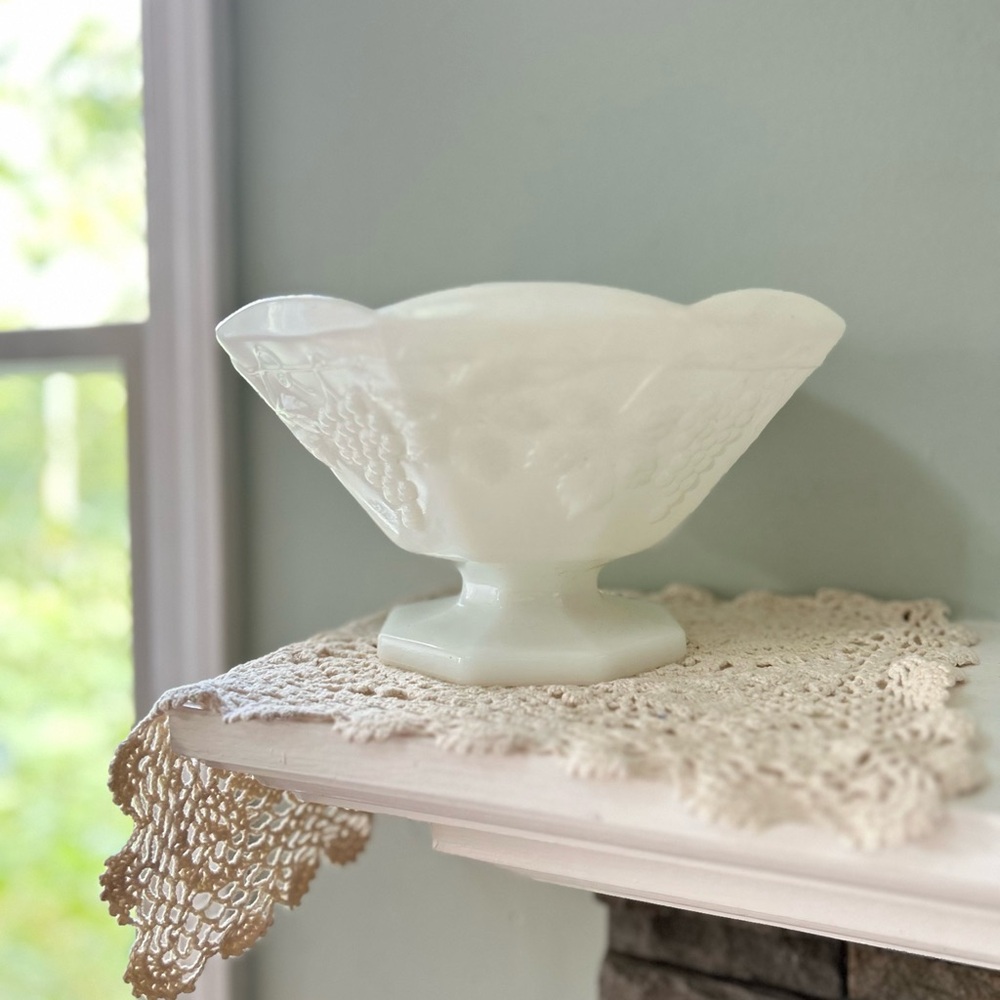 Vintage Milk Glass Pedestal Bowl | Embossed Fruit Design